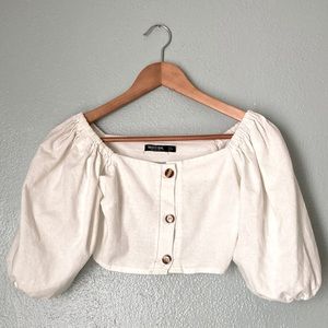 Nasty Gal Ivory Linen Button Front Crop Top with Puff Sleeve_Size 4